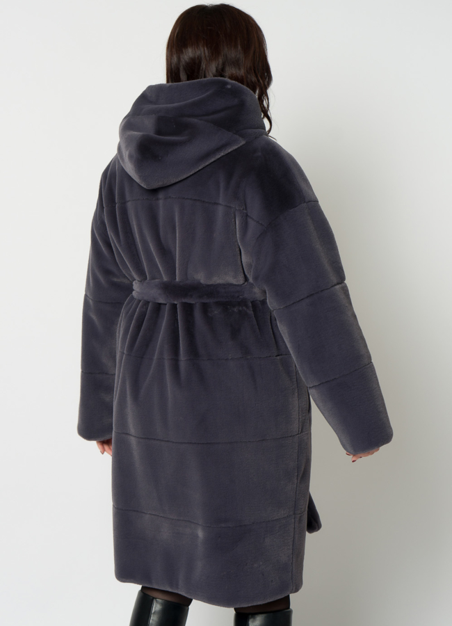 Двухстороннее полупальто из эко меха с капюшоном модель № 19075 в кредит