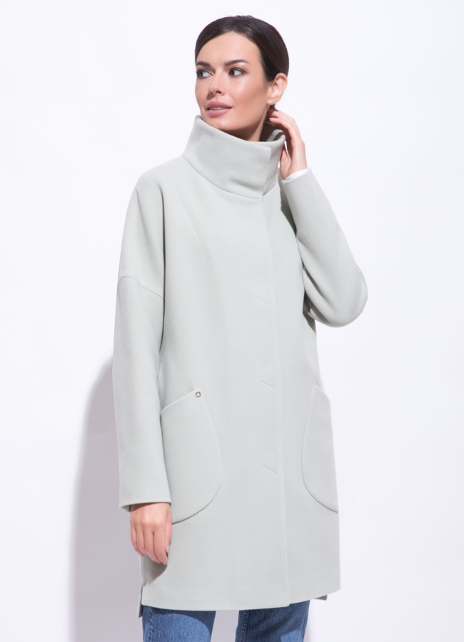 Демисезонное пальто в фисташковом цвете модель № 7007 меха малина