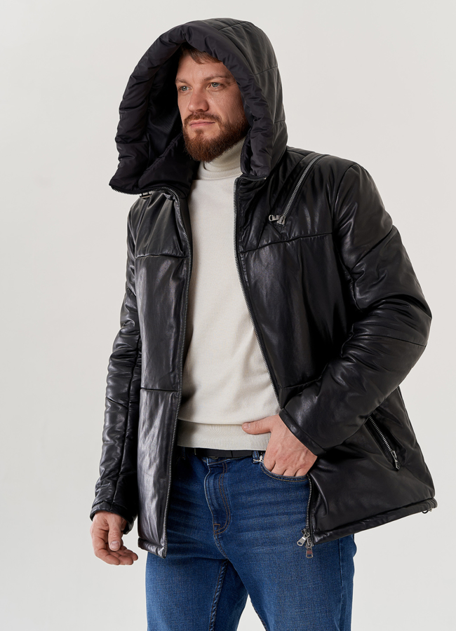 Мужской пуховик из натуральной кожи с капюшоном  модель № 79464 в рассрочку