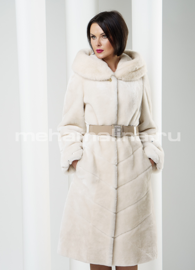 Шуба из мутона с жемчужной норкой модель № S-218 меха малина