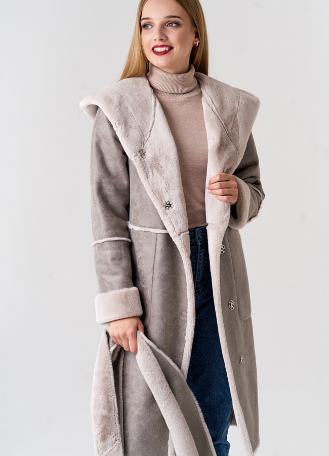 Удлиненная женская дубленка  модель № 21559 универмаг малина