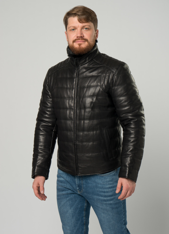 Мужской пуховик из натуральной кожи с воротником стойкой модель № 20025 универмаг малина