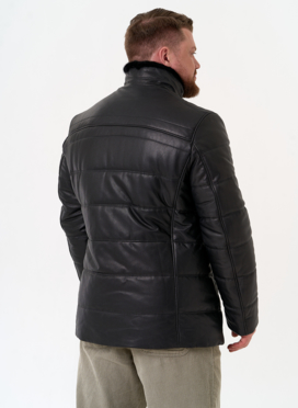 Пуховик из натуральной кожи с воротником стойкой