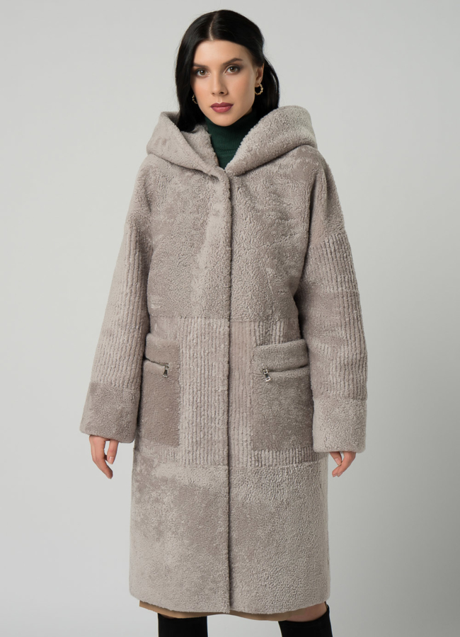 Шуба из овчины в сером цвете с капюшоном модель № 21979 универмаг малина