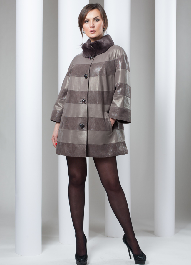 Кожаная куртка на пуговицах модель № K-75 меха малина