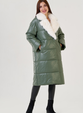 Женский классический пуховик Malina Siberian из эко кожи в зеленом цвете