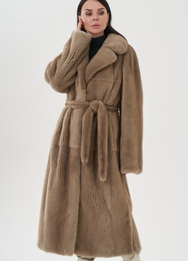 Длинная шуба из норки в цвете пастель модель № 24835 универмаг малина