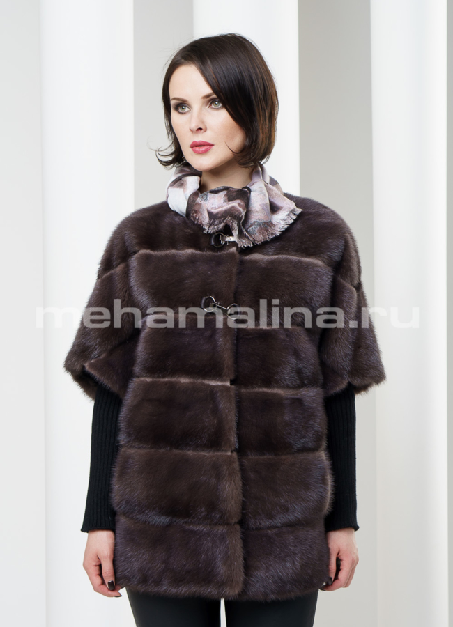 Шуба из норки с рукавами и капюшоном с пуховым наполнением модель № S-188 в кредит