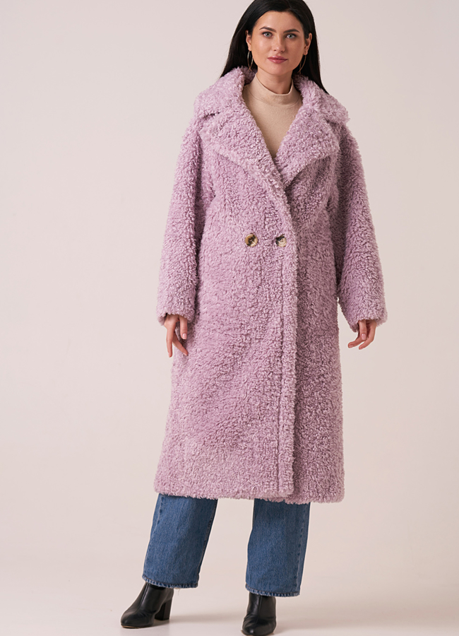 Пальто из эко шерсти прямого силуэта на пуговицах модель № 211 меха малина