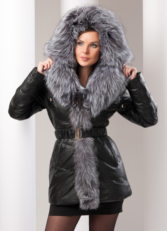 Кожаный пуховик модель № П-18 в кредит