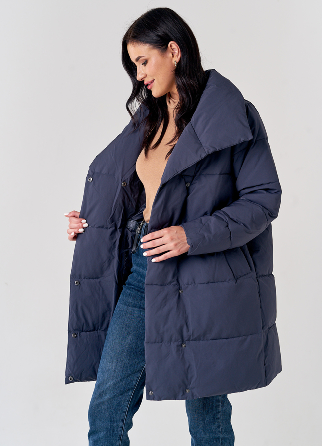 Пуховик женский серого цвета с воротником стойкой модель № 21629 универмаг малина