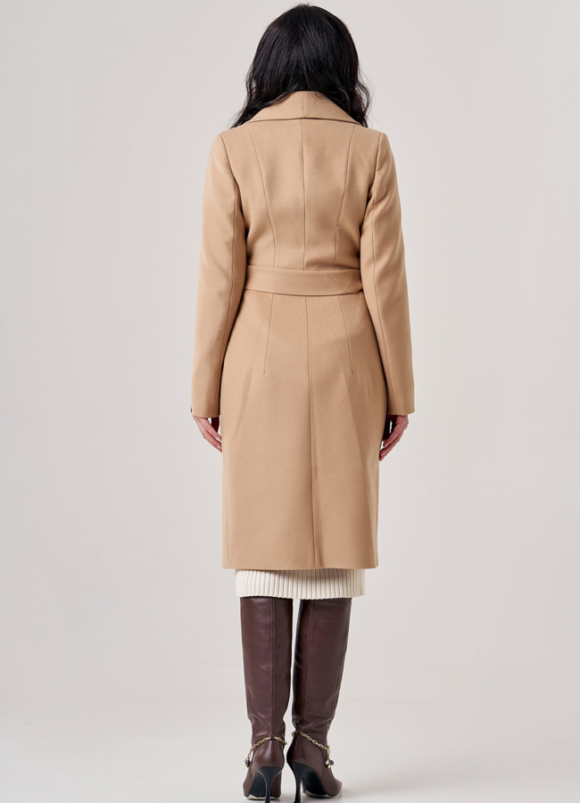 Пальто женское бежевого цвета с поясом модель № 20724 универмаг малина