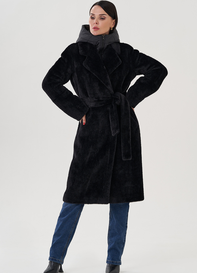 Женское ворсовое пальто в черном цвете модель № 23273 универмаг малина