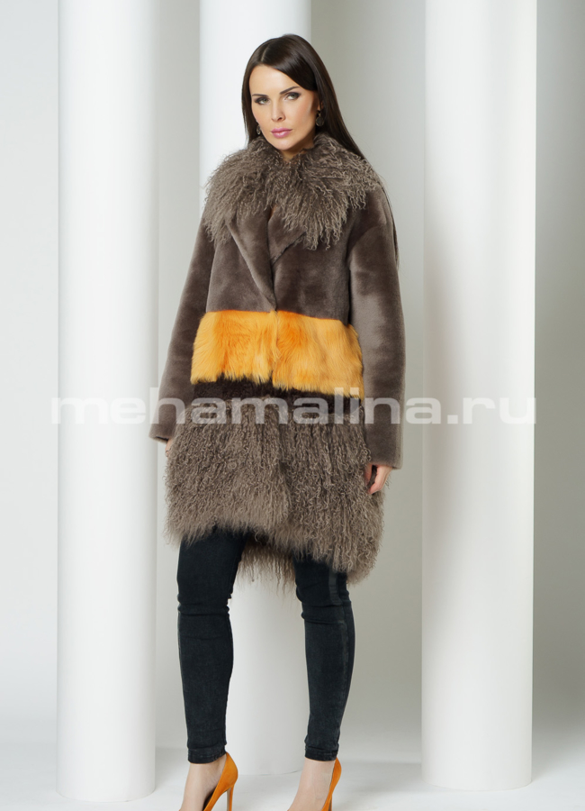 фото Женская дубленка на кнопках с английским воротником модель № 3213