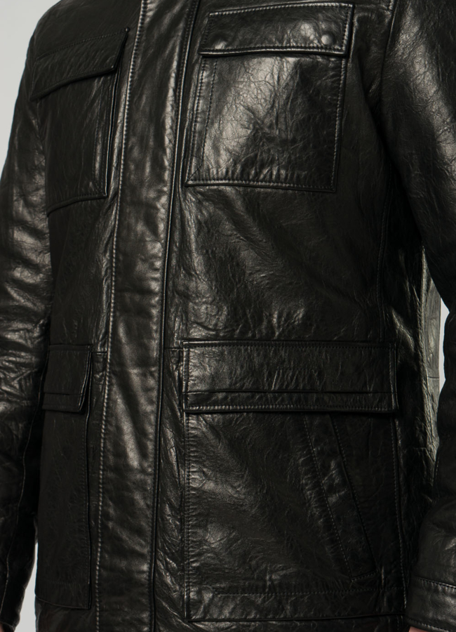 Мужской пуховик из натуральной кожи черного цвета модель № 21922 в рассрочку