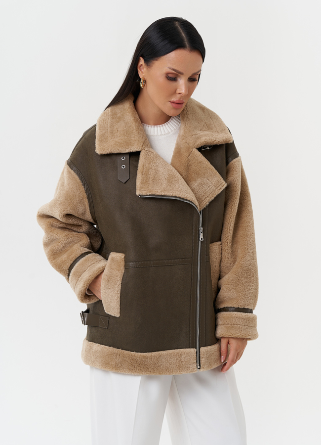 Оверсайз дубленка из эко кожи модель № 28533 меха малина