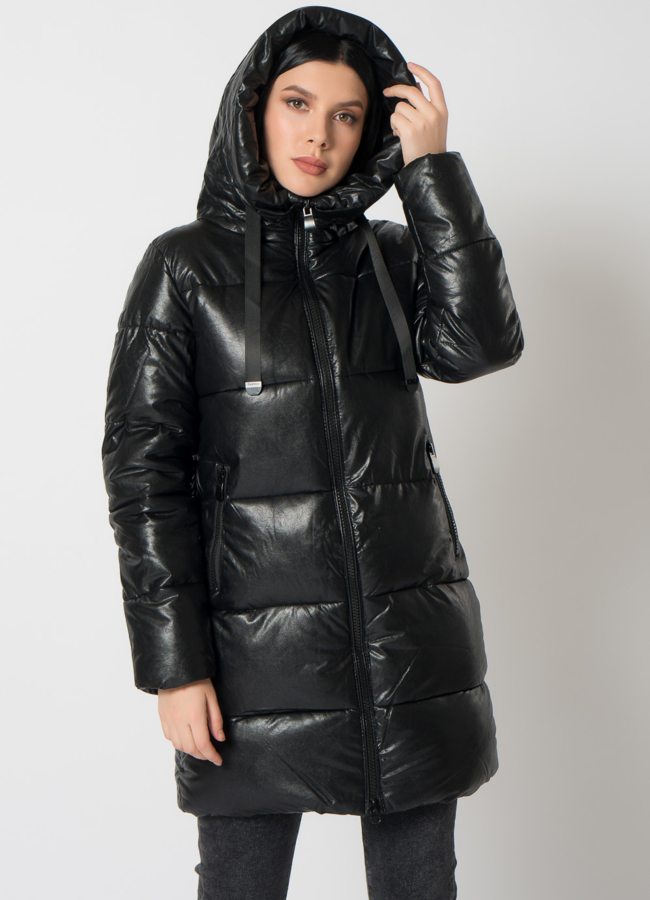 Пуховик из эко кожи модель № 2123-1 меха малина