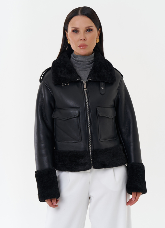 Женская дубленка из эко кожи модель № 27694 меха малина