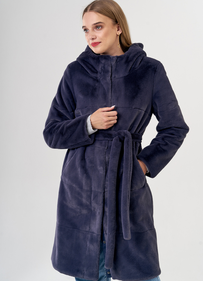 фото Двусторонняя эко шуба с капюшоном модель № 19009