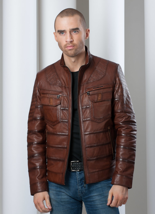 Кожаная куртка на молнии с поперечными полосами модель № KP-34 в кредит