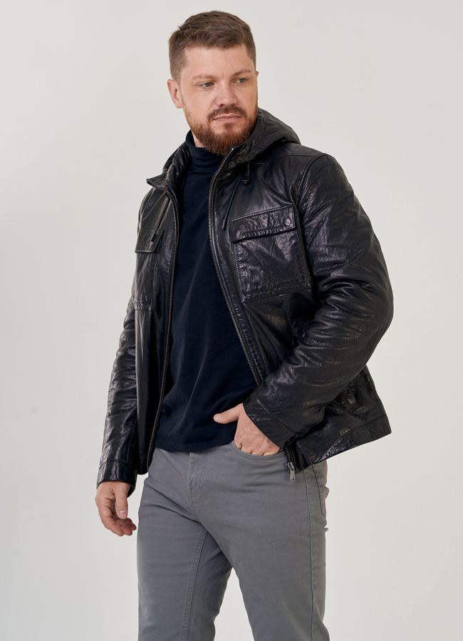 Мужская кожаная куртка с капюшоном модель № 80596 универмаг малина