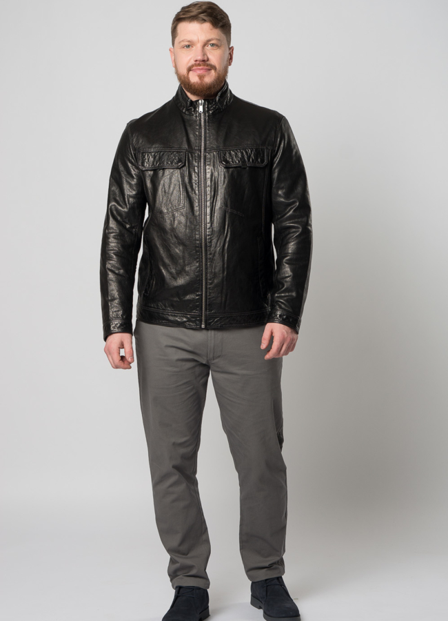 фото Мужская кожаная куртка черного цвета модель № W9066