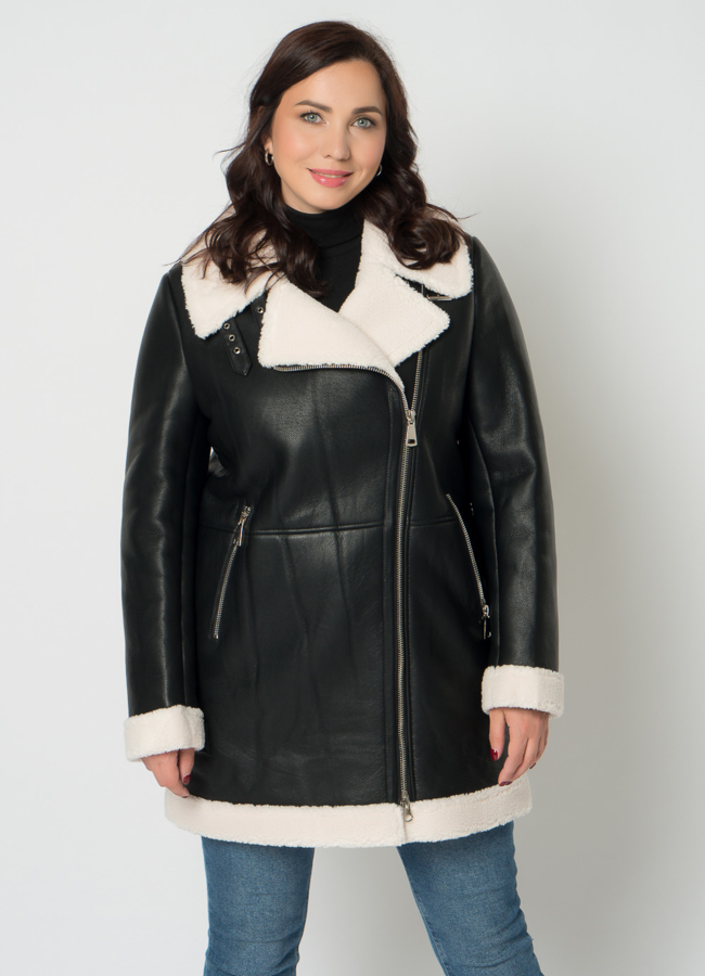 Удлиненная дубленка пилот из эко кожи в черном цвете модель № 21696 в кредит