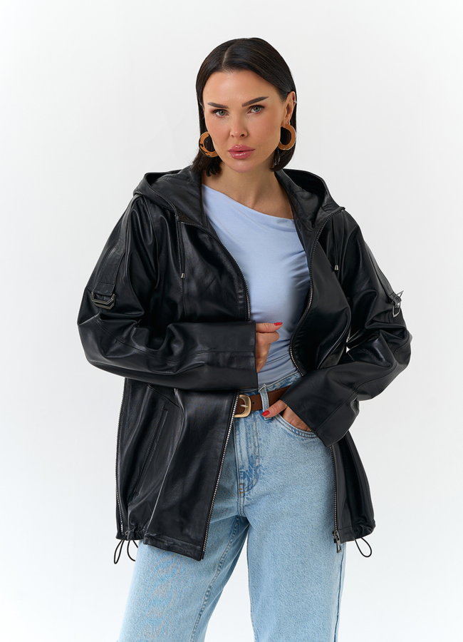 Женская куртка из натуральной кожи с капюшоном модель №  меха малина