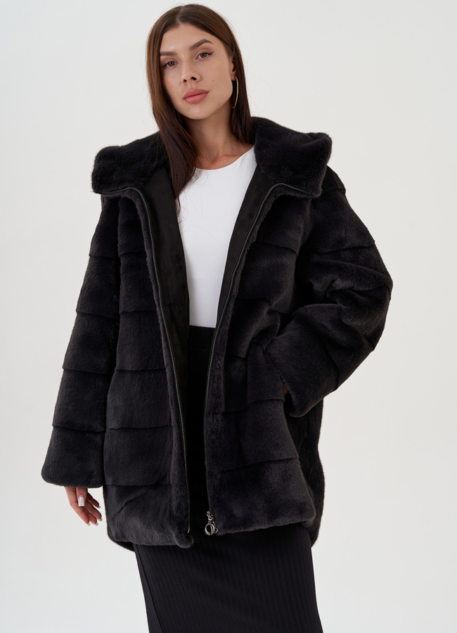 Полупальто из экомеха с капюшоном модель № 81537 универмаг малина