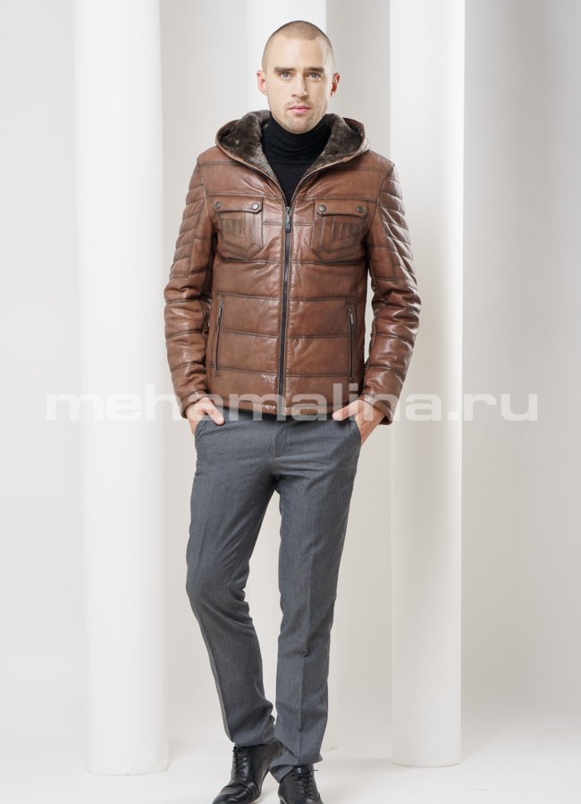 Кожаный пуховик модель № ПМ-51 универмаг малина