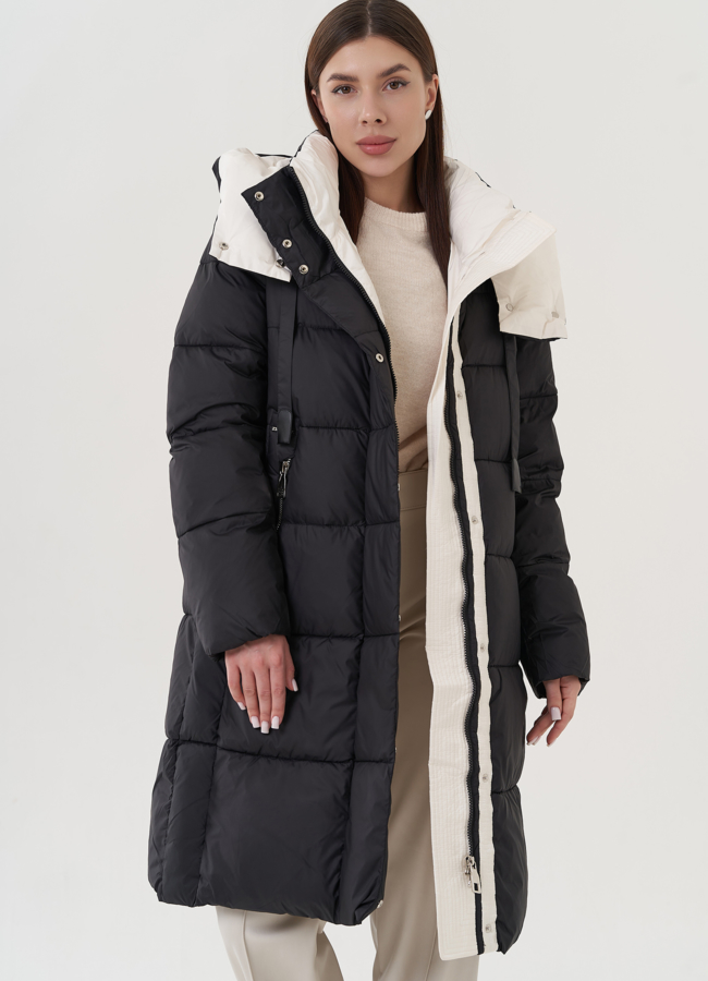 Женский пуховик с капюшоном черного цвета  модель № 25781 универмаг малина