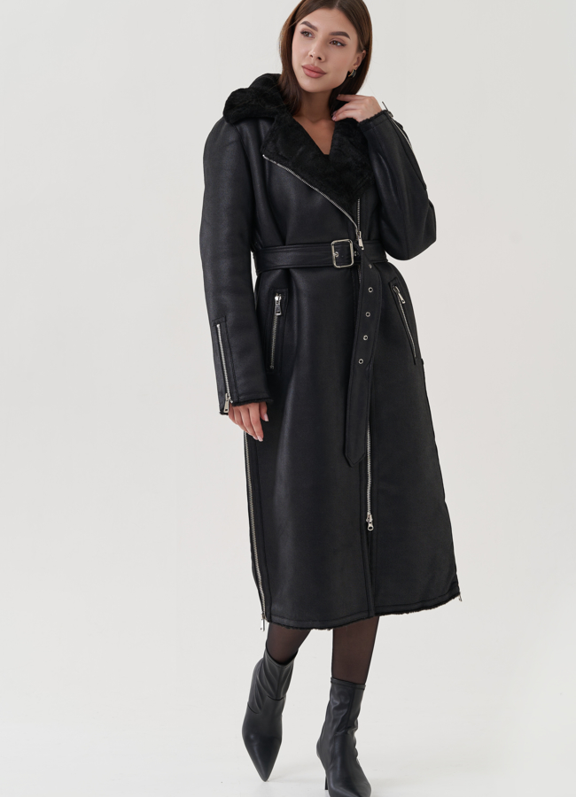 Дубленка из эко замши с английским воротником  модель № 25410 меха малина