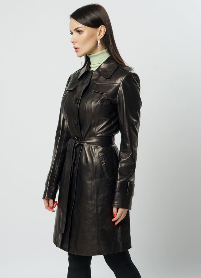 Женское кожаное пальто на поясе модель № 2107 универмаг малина