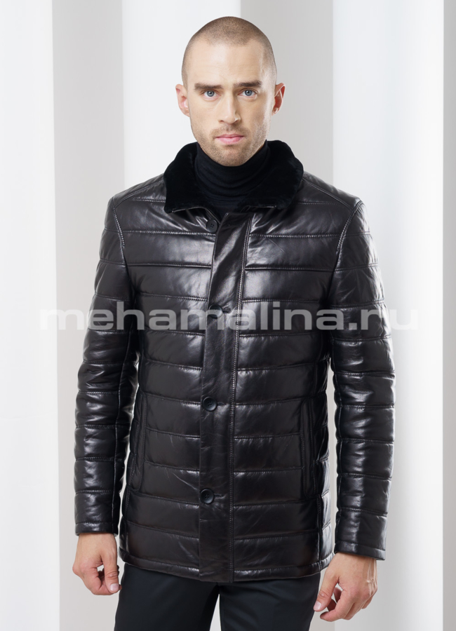 Пуховик черного цвета модель № ПМ-75 меха малина