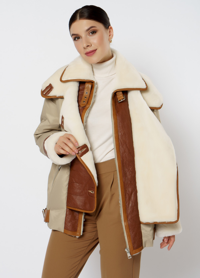 Пуховик комбинированный с кожей модель № 20-111 универмаг малина