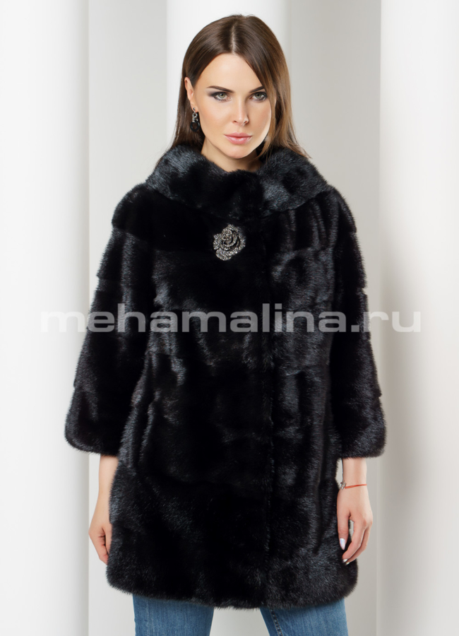 Черная норковая шуба модель № S-627 меха малина