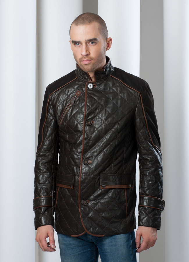 Куртка кожаная на пуговицах London Brown модель № KP-32 меха малина