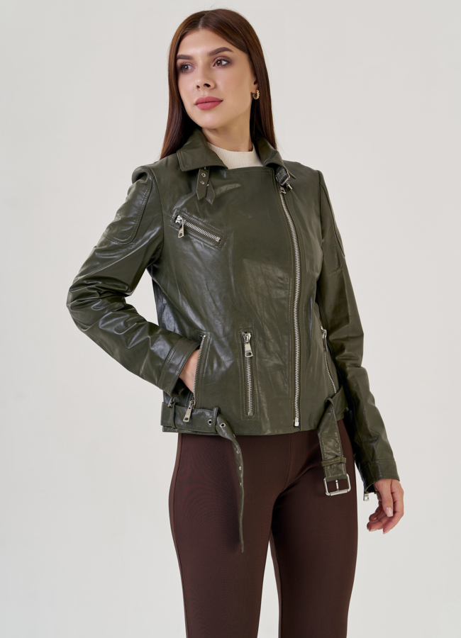 Кожаная куртка зеленого цвета модель № 10622 в рассрочку