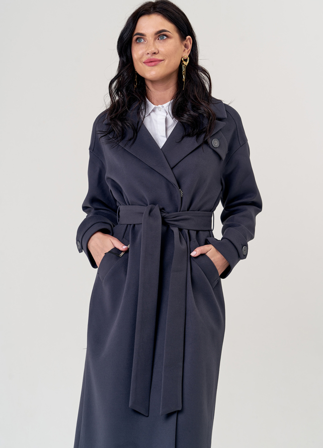 Женское пальто в сером цвете с поясом модель № 21374 меха малина