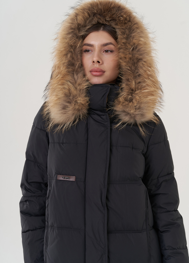 Пуховик женский с капюшоном отделка енот  модель № 25709 универмаг малина