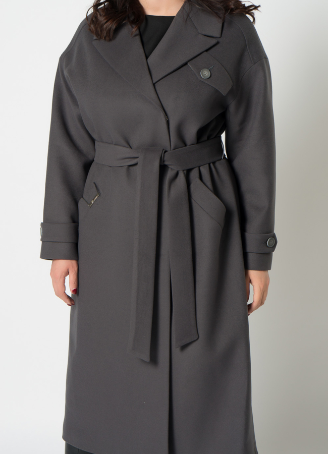 Женское пальто в сером цвете с поясом модель № 21374 универмаг малина