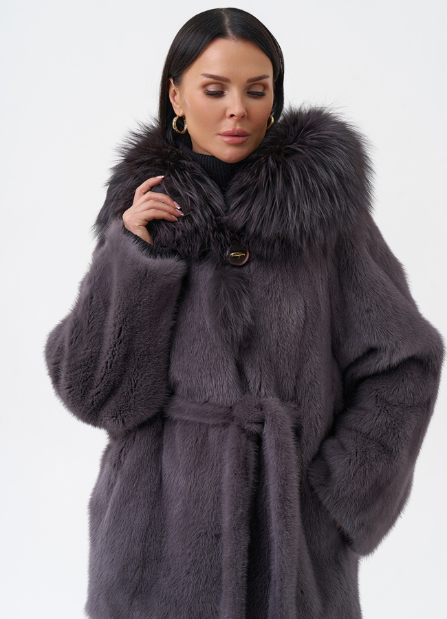 Шуба -кимоно из норки с поясом модель № 26040 универмаг малина