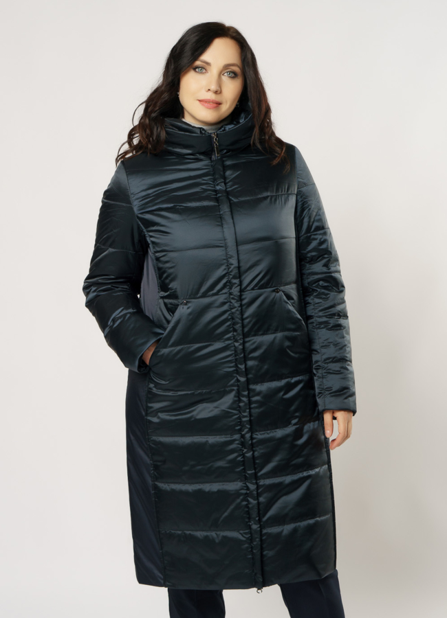 фото Пуховик синего цвета с капюшоном на молнии  модель № 238