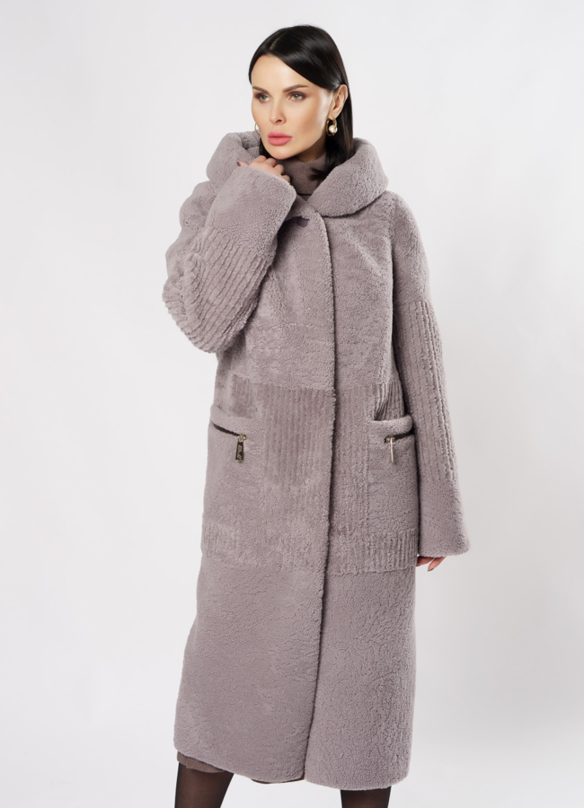фото Пальто из овчины серого цвета с капюшоном модель № 11994