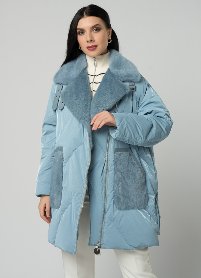 Женский пуховик голубого цвета с отделкой из норки модель № 21861 универмаг малина