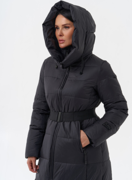 Длинный женский пуховик с капюшоном