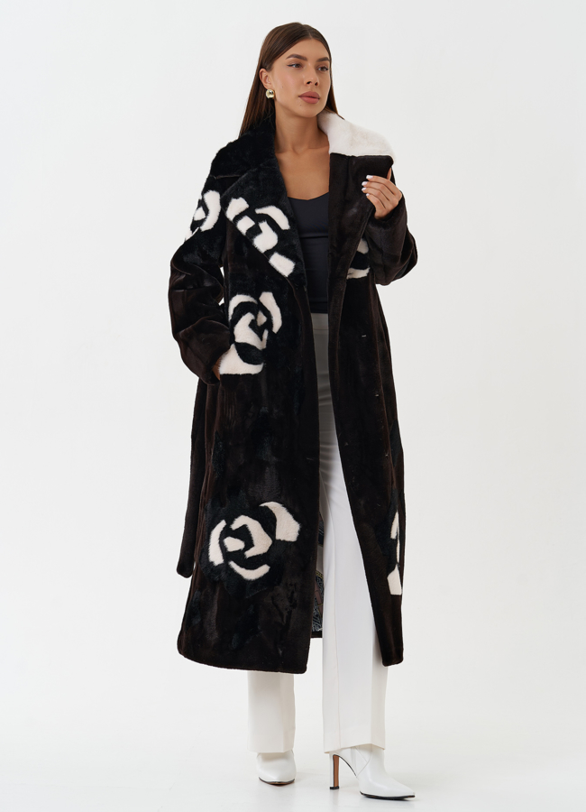 Пальто из эко меха с цветочным принтом модель № 28459 универмаг малина