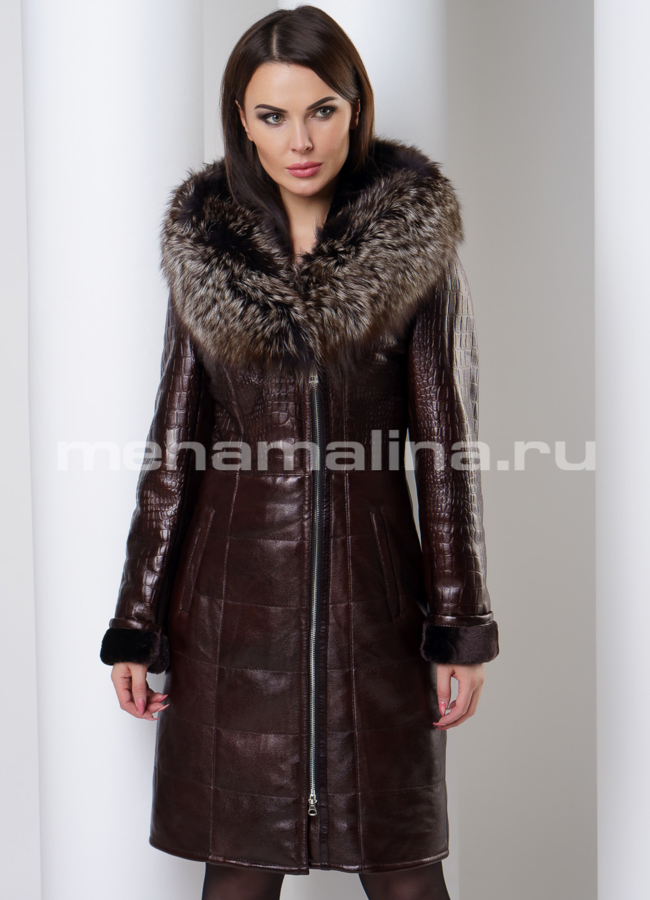 Дубленка из эко кожи коричневого цвета с натуральным мехом модель № 15002-1 меха малина
