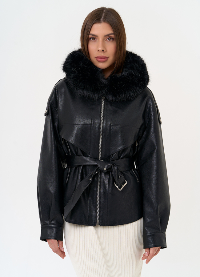 Женская утепленная куртка из эко кожи с поясом модель № 31494 меха малина Женская утепленная куртка из эко кожи с поясом модель № 31494 меха малина