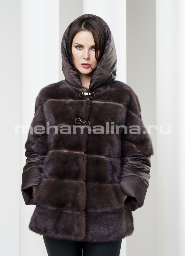 Шуба из норки с рукавами и капюшоном с пуховым наполнением модель № S-188 меха малина